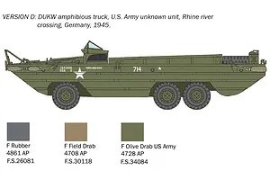 A digital illustration of a DUKW amphibious truck in olive drab, showing side profile markings and a color paint guide for an Italeri model kit.