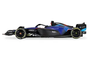 Side view of a 1/32 scale Scalextric Williams FW44 slot car in blue and black livery with sponsor logos.