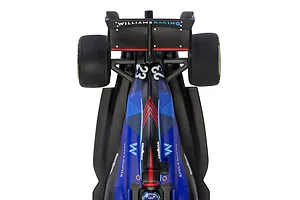 Top-down view of a Scalextric 1/32 scale Williams FW44 slot car featuring Alexander Albon's number 23 and blue and black livery.