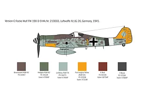 A technical illustration of a Focke-Wulf FW 190 D-9 aircraft profile with a color paint guide for the Italeri model kit.