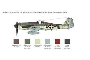 A side-profile illustration of a Focke-Wulf FW 190 D-9 fighter aircraft with a paint guide showing six color swatches and their corresponding paint codes.