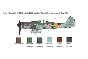 A side-profile illustration of a Focke-Wulf FW 190 D-9 fighter aircraft with a color guide below it for model painting.