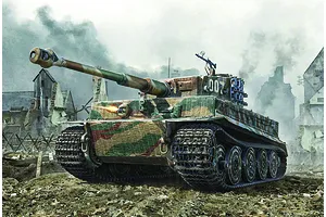 Box art illustration of a German Tiger I tank in a war-torn European town, featuring camouflage paint and firing its hull machine gun.