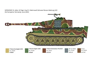 A digital illustration showing the side profile of a German Tiger I tank with camouflage paint and a color reference chart below.