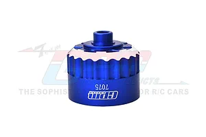 A blue anodized aluminium differential case for RC cars by GPM Racing, featuring a fluted design and laser-etched branding.