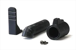 A set of unpainted black plastic RC car muffler parts including a mounting bracket, exhaust pipe, muffler tip, and two small screws on a white background.