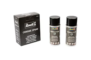 Revell Chrome Silver Acrylic Spray Paint 150ml showing one cardboard box and two spray cans against a white background.