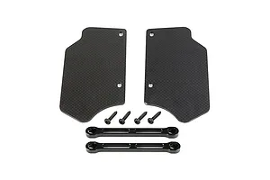 Rovan carbon fibre front suspension arm guards with mounting hardware and metal support bars on a white background.