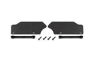 Two carbon fibre front suspension arm guards with two black metal mounting bars and four screws on a white background.