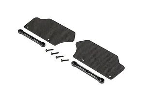 Rovan carbon fibre front suspension arm guards with metal support bars and screws on a white background.