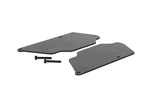 Two black carbon fibre rear suspension arm guards with a woven texture and two included black metal screws on a white background.
