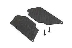 Two carbon fibre rear suspension arm guards for an RC car, shown with two small black metal screws on a white background.