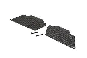 Two black carbon fibre rear suspension arm guards with a woven pattern and two small black metal screws on a white background.