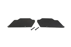 Two black carbon fibre rear suspension arm guards for an RC car, shown with two small metal mounting screws on a white background.