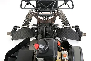Carbon fibre rear suspension arm guards installed on a 1/5 scale RC buggy chassis.