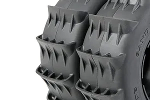 Close-up view of two black Rovan 1/5 scale paddle tyres for RC buggies, showing the deep tread pattern.