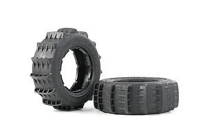 Two black Rovan 1/5 scale paddle tyres for RC buggies, featuring a deep tread pattern for sand, shown against a white background.