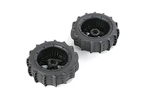 Two Rovan 1/5 scale black paddle tyres mounted on black beadlock rims, viewed from an angle against a white background.