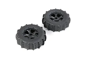 Two Rovan 1/5 scale black paddle tyres mounted on black beadlock rims, viewed from a high angle against a white background.