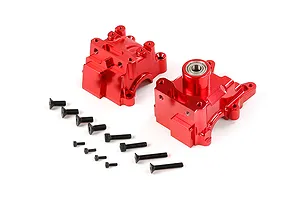 A pair of red anodized aluminium RC gearbox case halves with a set of included black mounting screws on a white background.