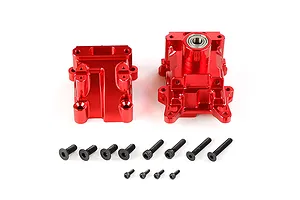 A Rovan red anodised aluminium gearbox case set for RC cars, including two main housing pieces and a collection of black mounting screws.