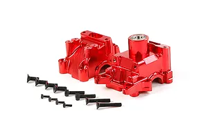 A pair of red anodized aluminium RC gearbox case halves with a set of black mounting screws on a white background.
