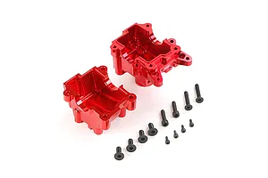 A red anodised aluminium RC gearbox case set with included black mounting screws on a white background.