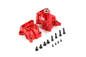A pair of red anodized aluminium RC gearbox case halves with a set of black mounting screws on a white background.