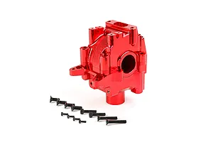 A bright red anodized aluminium RC gearbox case with a set of black mounting screws arranged in front on a white background.