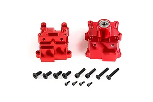A pair of red anodized aluminium gearbox case halves for an RC car, accompanied by a set of black mounting screws on a white background.