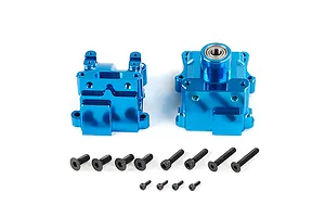 A blue anodized aluminium RC gearbox case set with included mounting screws on a white background.
