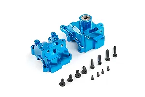Two blue anodized aluminium RC gearbox case halves with a set of black mounting screws on a white background.
