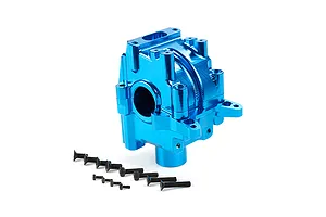 A blue anodized aluminium gearbox case for an RC vehicle, accompanied by several black flat-head screws, isolated on a white background.