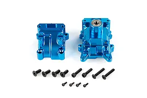 A blue anodized aluminium RC gearbox case set with two main housing pieces and a collection of black metal screws on a white background.