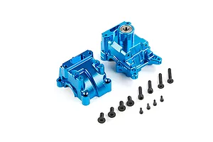 A blue anodized aluminium RC gearbox case set with two main housing pieces and a collection of black hex screws on a white background.