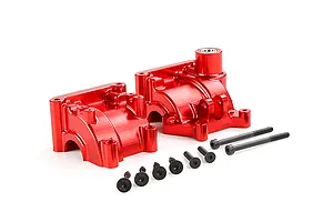A red anodised aluminium RC gearbox case set with included black mounting screws on a white background.