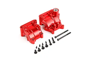 A pair of red anodized aluminium RC gearbox case halves with a set of black mounting screws on a white background.