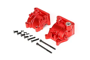 A pair of red anodized aluminium RC gearbox case halves with a set of black mounting screws on a white background.
