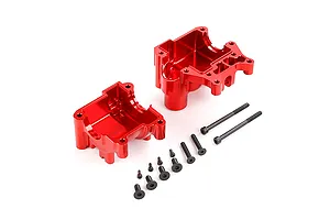 A red anodized aluminium gearbox case set for an RC car, including two main housing halves and a collection of black hex-head screws on a white background.