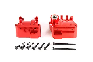 A red anodized aluminium gearbox case set for an RC car, including two main housing halves and a collection of black metal screws.