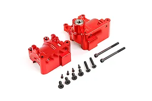 A pair of red anodized aluminium RC gearbox case halves with a set of black metal screws and bolts on a white background.