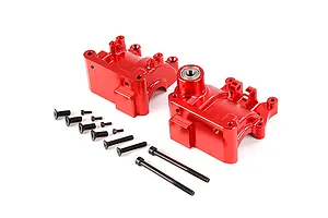 A pair of red anodized aluminium gearbox case halves for an RC car, accompanied by a set of various black metal screws and bolts on a white background.