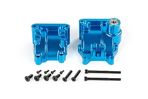 A pair of blue anodized aluminium RC gearbox case halves with a set of black mounting screws on a white background.