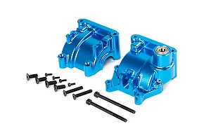 Two blue anodized aluminium gearbox case halves for an RC car, accompanied by a set of black metal screws, isolated on a white background.