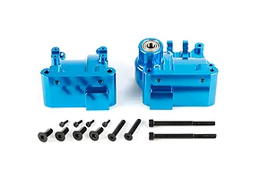A blue anodized aluminium RC gearbox case set with included mounting screws on a white background.