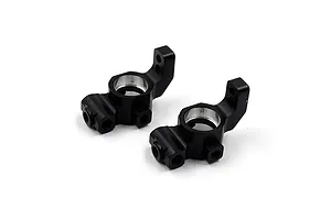 A pair of black anodized aluminium RC rear hubs from Yeah Racing, shown from an angled perspective against a white background.