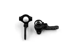 Two black RC steering hubs made of aluminium and carbon fibre, shown from different angles against a white background.