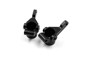 Two black aluminium RC car steering knuckles positioned on a white background.