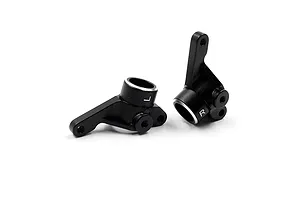 Two black anodized aluminium RC car steering knuckles marked with L and R, shown against a white background.
