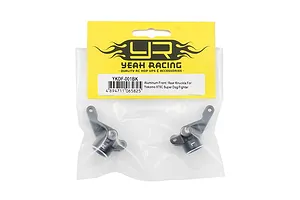 Two black aluminium RC knuckles in a Yeah Racing branded yellow and white plastic retail bag.